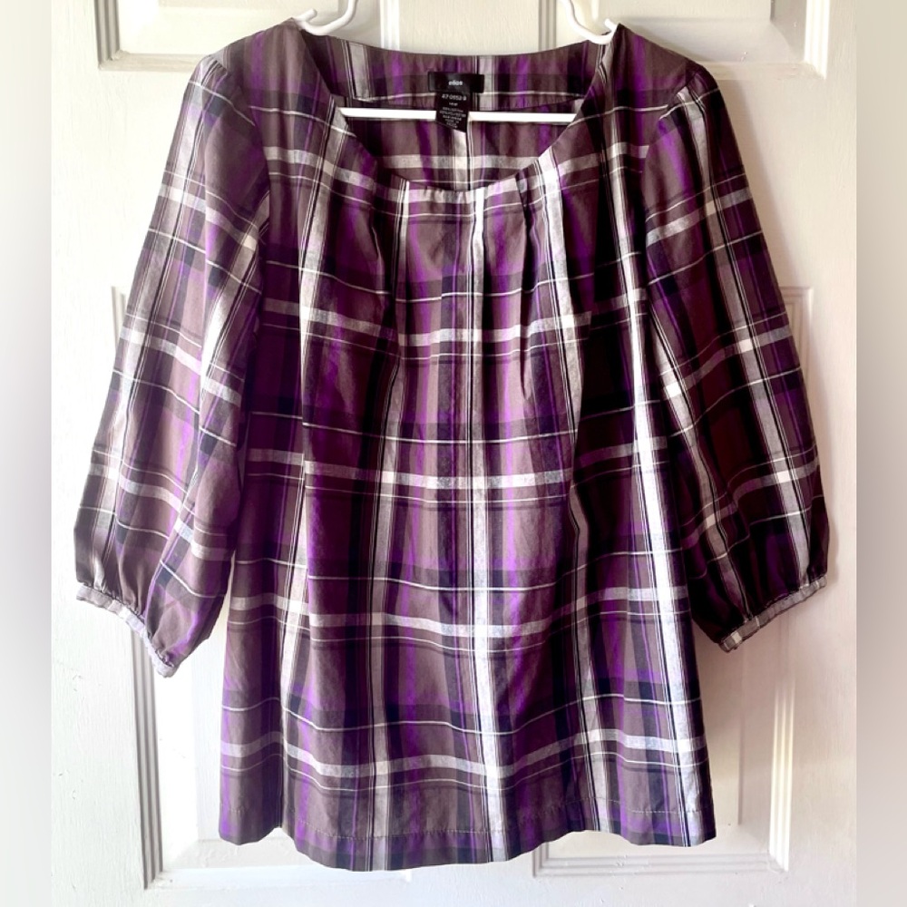 Ellos Purple Taupe Gray Black White Plaid Pleat Neck 3/4 Sleeve Smock Blouse 14W